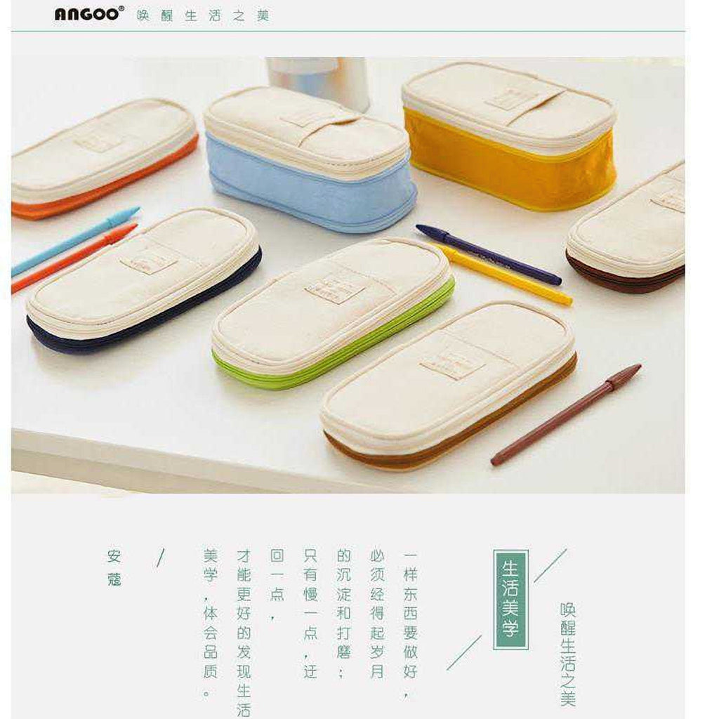 ANGOO KHAKI Expandable Canvas Pen Case Pencil Case Expandable Case Storage Case
